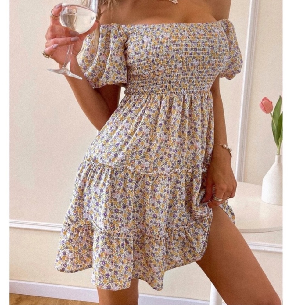 Boho Yellow Floral Off Shoulder Ruffle Mini